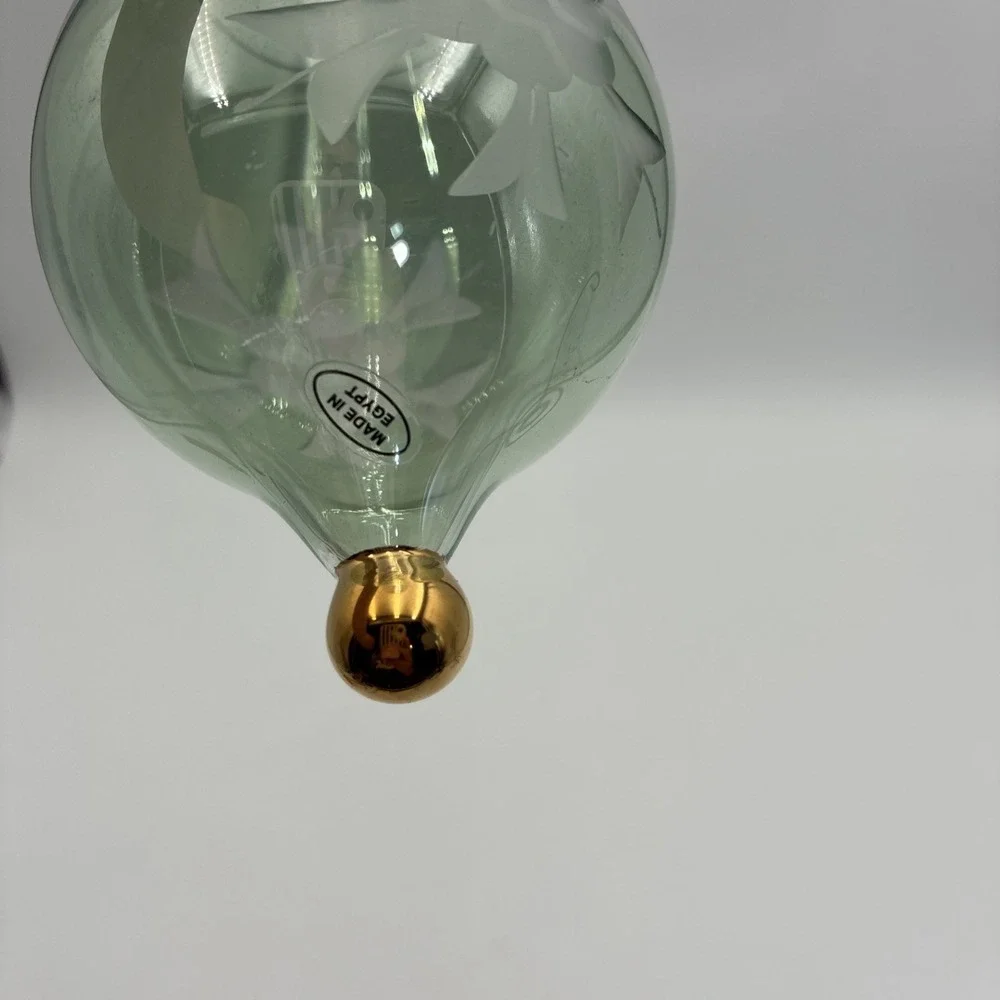 Vintage Egyptian Hand Blown Glass Ornament Green Etched Floral Gold Trim 9.75